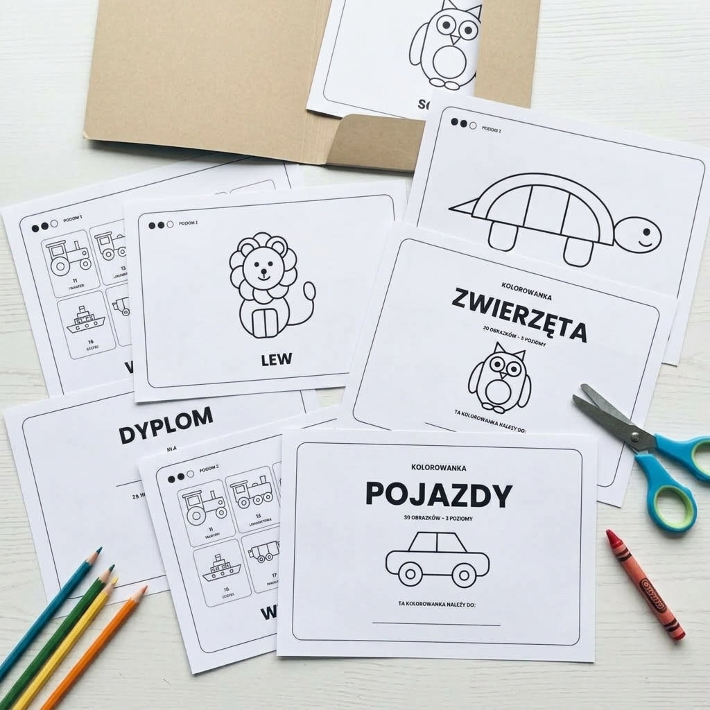 Wydrukowane strony kolorowanek Pojazdy i Zwierzęta rozłożone na blacie obok kredek i nożyczek