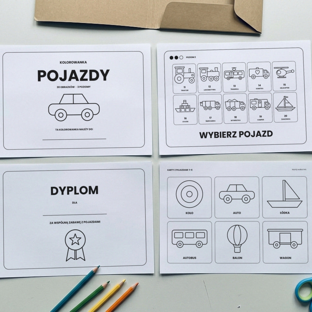 Wydrukowane strony kolorowanki Pojazdy: okładka, strona wyboru, dyplom i karty do wycięcia, obok kredki