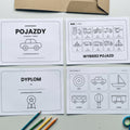 Wydrukowane strony kolorowanki Pojazdy: okładka, strona wyboru, dyplom i karty do wycięcia, obok kredki