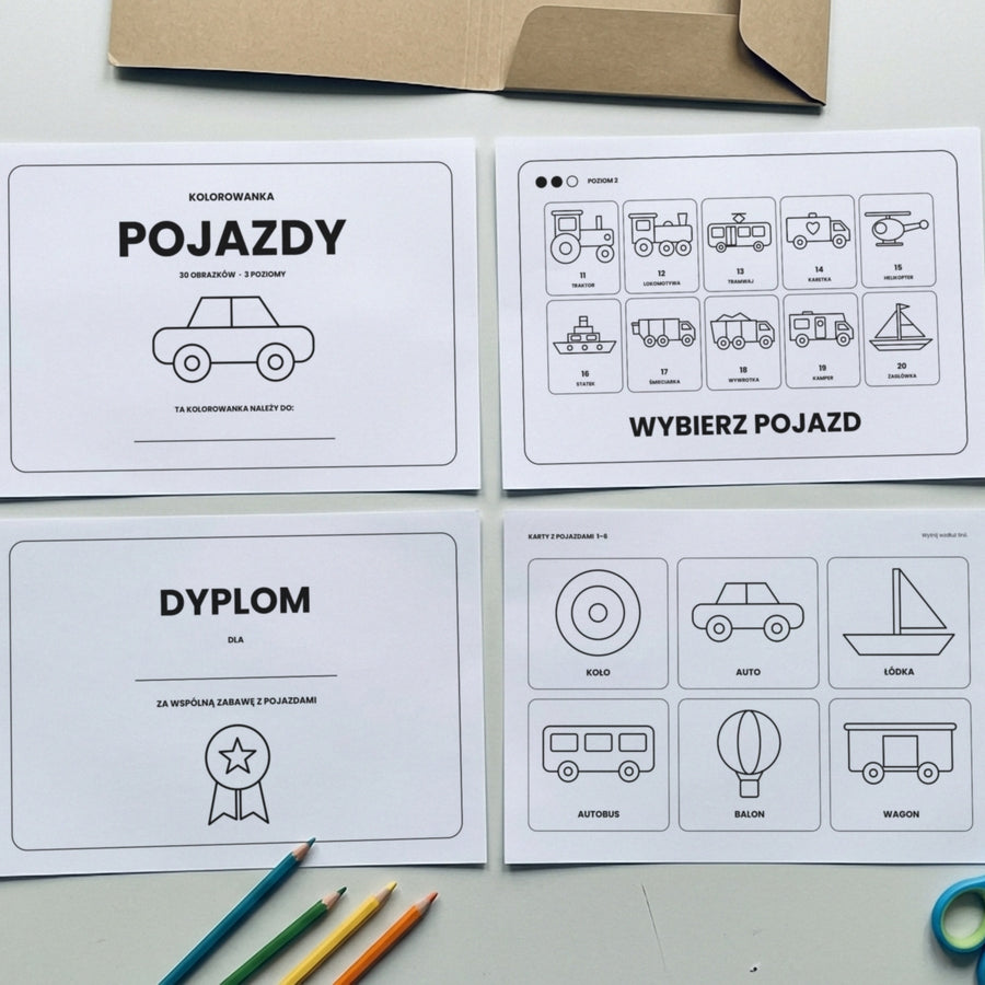 Wydrukowane strony kolorowanki Pojazdy: okładka, strona wyboru, dyplom i karty do wycięcia, obok kredki