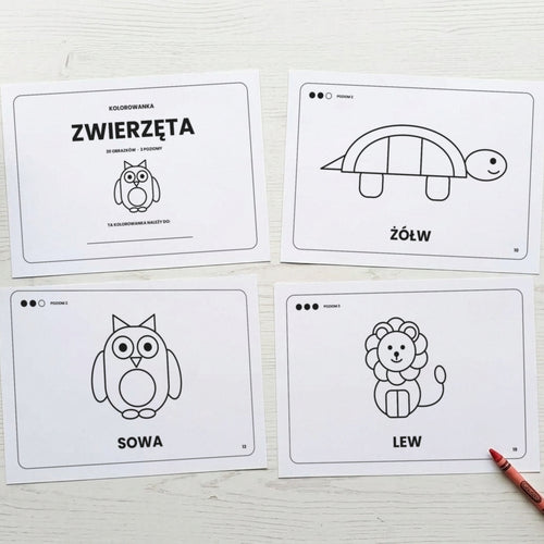 Wydrukowane strony kolorowanki Zwierzęta: okładka oraz żółw, sowa i lew, obok czerwona kredka