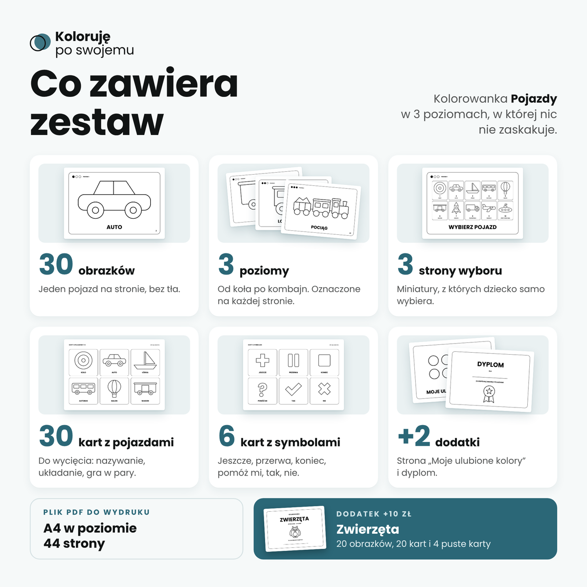 Zawartość kolorowanki Pojazdy: 30 obrazków, 3 poziomy, 3 strony wyboru, 30 kart z pojazdami, 6 kart z symbolami, 2 dodatki, 44 strony A4